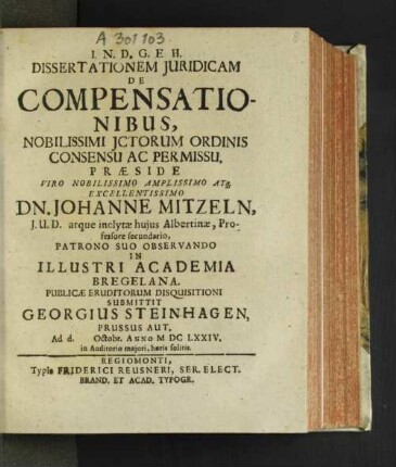 Dissertationem Iuridicam De Compensationibus, Nobilissimi ICtorum Ordinis Consensu Ac Permissu