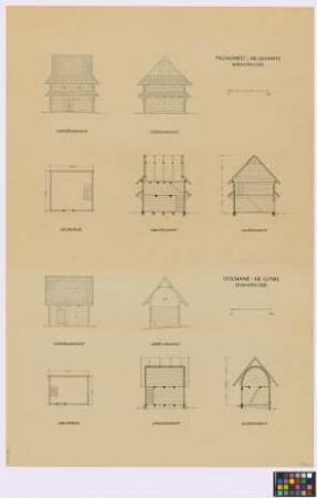 Pilchowitz (Landkreis Gleiwitz): Kornspeicher und Leschane ([Land]Kreis Cosel): Lehmspeicher. - Kornspeicher (Seiten-Ansicht, Giebel-Ansicht, Grundriss, Längsschnitt, Querschnitt). - Lehmspeicher (Seiten-Ansicht, Giebel-Ansicht, Grundriss, Längsschnitt, Querschnitt)