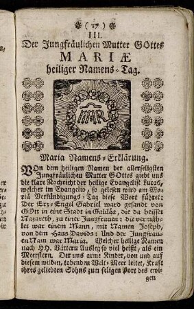 III. Der Jungfräulichen Mutter Gottes Mariæ heiliger Namens-Tag. - IV. Der Jungfräulichen Mutter Gottes Mariæ heiliger Opferungs-Tag.