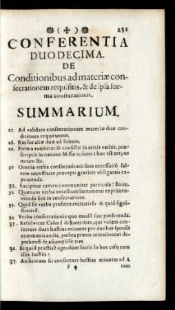 Conferentia Duodecima. De Conditionibus ad materiae consecrationem requisitis, & de ipsa forma consecrationis