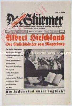 Sondernummer der antisemitischen Wochenzeitung "Der Stürmer" zu einem Prozess gegen einen jüdischen Schulleiter wegen "Rassenschande"