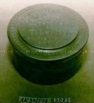 Blechdose für "Poudre Dermophile Stérilisée DE T. Leclerc 10. RUE VIGNON PARIS"