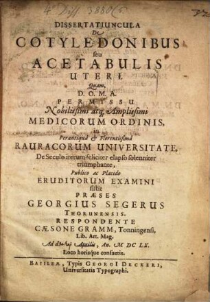 Dissertatiuncula De Cotyledonibus seu Acetabulis Uteri