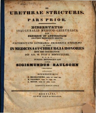 De urethrae stricturis Pars prior : diss. inaug. med. ; cum tabulis aeneis II.