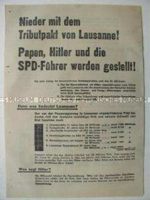 Flugblatt der KPD zur Reichstagswahl am 31.7.1932 gegen das Abkommen von Lausanne und mit Polemik gegen NSDAP und SPD