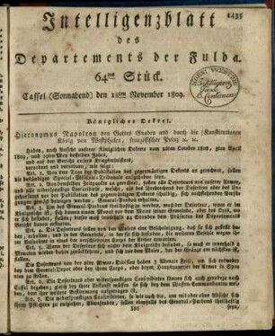 64tes Stueck, (Sonnabend) den 18ten November 1809