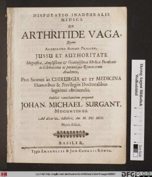 Disputatio Inauguralis Medica De Arthritide Vaga