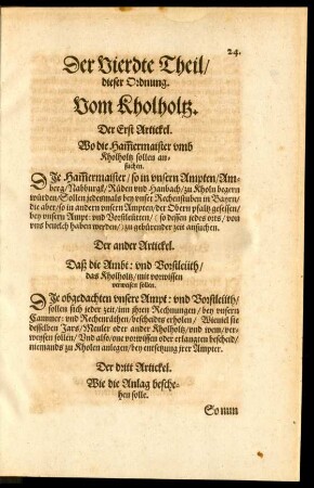 Der Vierdte Theil/ dieser Ordnung. Vom Kholholtz.