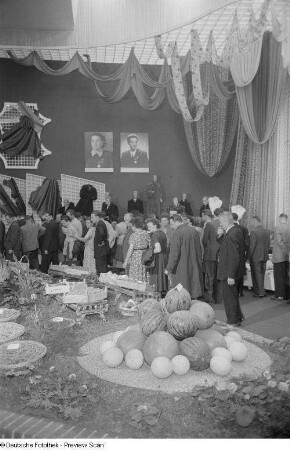 Besucher der Herbstmesse 1953 an Ständen mit Südfrüchten sowie Bekleidung