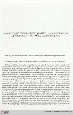 Sprawozdanie z działalności Komitetu Nauk o Sztuce PAN od czerwca 2001 do końca marca 2002 roku