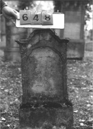Grabstein 648 (Index: 99788346) Material: Sandstein Zustand: Risse, verwittert mit vollständigem Textverlust Maße HxBxT: 87x41x12 cm: Grabstein 648