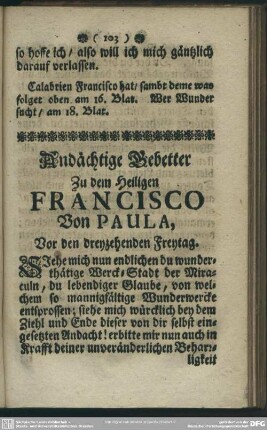 Andächtige Gebetter Zu dem Heiligen Francisco Von Paula, Vor den dreyzehenden Freytag