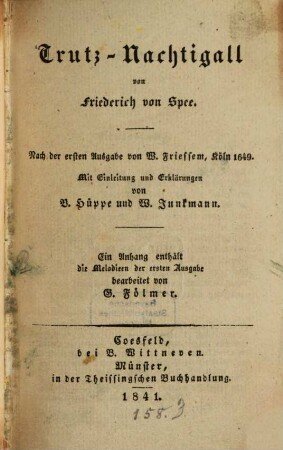 Trutz-Nachtigall : ein Anhang enthält die Melodien der ersten Ausg., bearbeitet von G. Fölmer