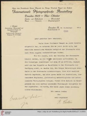 Brief von Internationale Photographische Ausstellung Dresden an Max Wolf: Brief von Internationale Photographische Ausstellung (Dresden) an Max Wolf