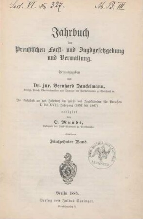15.1883: Jahrbuch der preussischen Forst- und Jagdgesetzgebung und -Verwaltung