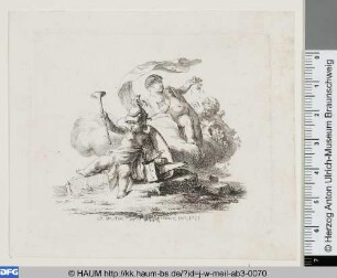 Drei Putti mit Helm und Blumen