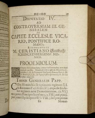 Disputatio IV. Ad Controversiam III. Generalem De Capite Ecclesiae Vicario, Pontifice Romano