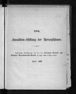16.1860=Nr. 1202: Nachfolgende Unterstützungen sind von dem Vereinigten Central- und Altonaer Gewerbevereins-Comite bewilligt // Invalidenstiftung der Herzogthümer