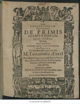 Tetras Conclusionum Physicarum De Primis Elementorum Qualitatibus
