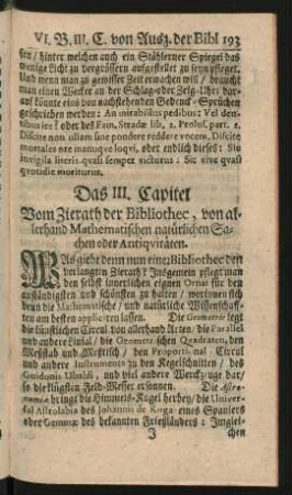 Das III. Capitel Vom Zierath der Bibliothec, von allerhand Mathematischen natürlichen Sachen oder Antiquitäten.