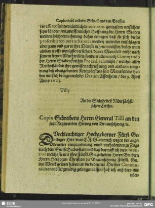 Copia Schreibens Herrn General Tilli an den jetzt Regierenden Hertzog von Braunschweig, [et] c.