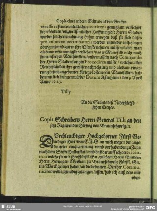 Copia Schreibens Herrn General Tilli an den jetzt Regierenden Hertzog von Braunschweig, [et] c.