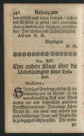 No. XIV. Eine andere Klage über die Unbeständigkeit seiner Liebsten.