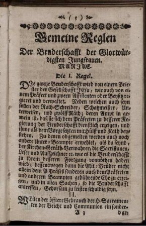 Gemeine Reglen Der Bruderschafft der Glorwürdigsten Jungfrauen.