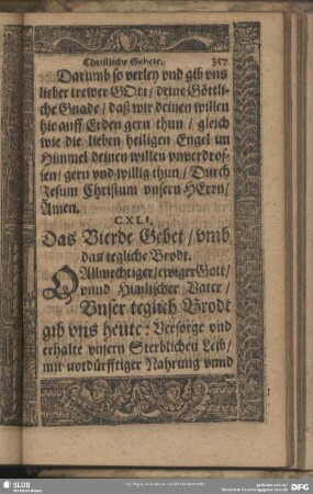 CXLI. Das Vierde Gebet, umb das tegliche Brodt