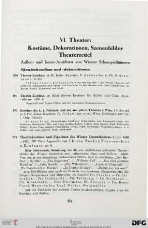 VI. Theater: Kostüme, Dekorationen, Szenebilder, Theaterzettel (Nr. 670-727)