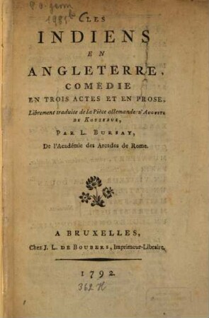 Les Indiens en Angleterre : comédie en trois actes et en prose