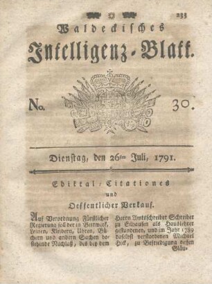 No. 30, Dienstag, den 26ten Juli, 1791