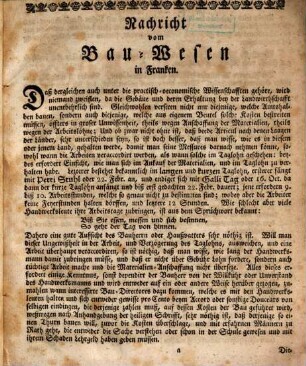 Gründliche Nachricht von dem Bauwesen in Franken : mit Ueberschlägen und Rißen, desgleichen einer richtigen Tax-Ordnung, aller Handwerks-Leute biß auf den Taglöhner, wie auch einer außführlichen Nachricht von denen im Hochfürstl. Bayreuthischen Landen befindlicher Hammer-Werken ... ; Mit Kupfern