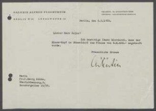 Briefe von Curt Valentin [Galerie Alfred Flechtheim, Berlin] und von der Bildgiesserei Hermann Noack, Berlin an Georg Kolbe