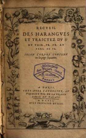 Recueil des harangues et traictez