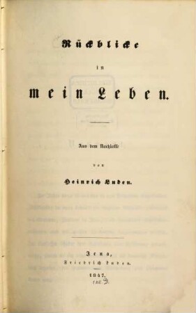 Rückblicke in mein Leben : aus dem Nachlasse
