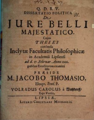 Dissertatio Politica De Jure Belli Majestatico