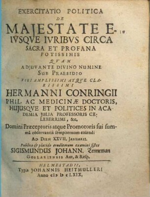 Exercitatio politica de maiestate, eiusque iuribus circa sacra et profana potissimis