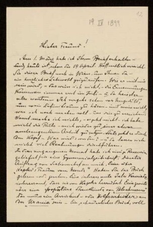 Nr. 12 Brief von Samuel Oppenheim an Karl Schwarzschild. Arnau, 19.4.1899