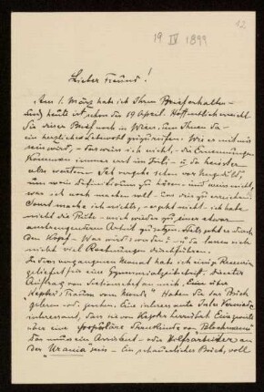 Nr. 12 Brief von Samuel Oppenheim an Karl Schwarzschild. Arnau, 19.4.1899