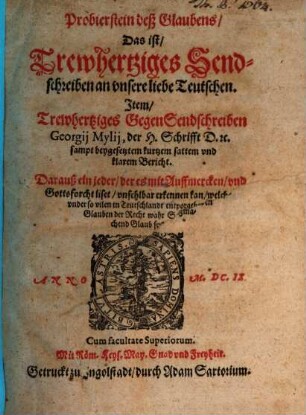 Probierstein deß Glaubens, Das ist, Trewhertziges Sendschreiben an vnsere liebe Teutschen