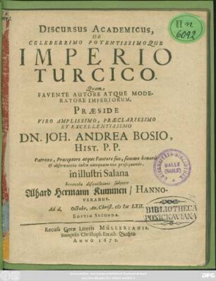 Discursus Academicus, De Celeberrimo Potentissimoque Imperio Turcico