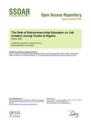 The Role of Entrepreneurship Education on Job Creation among Youths in Nigeria