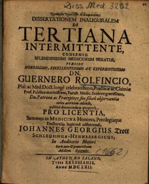 Dissertationem Inauguralem De Tertiana Intermittente