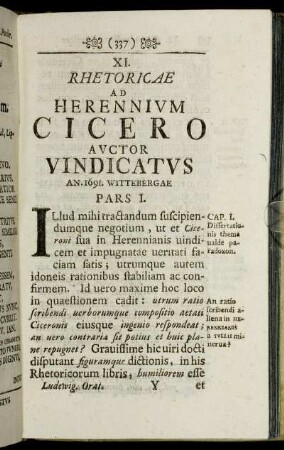 XI. Rhetoricae Ad Herennium Cicero Auctor Vindicatus ... Pars I.
