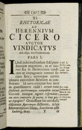 XI. Rhetoricae Ad Herennium Cicero Auctor Vindicatus ... Pars I.
