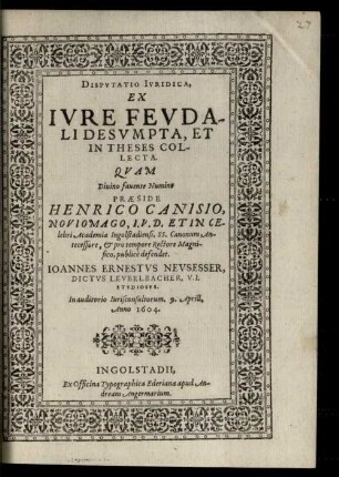 Dispvtatio Ivridica, Ex Ivre Fevdali Desvmpta, Et In Theses Collecta