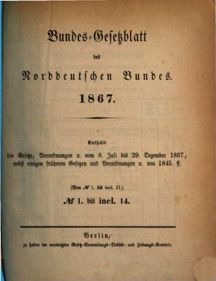 Bundes-Gesetzblatt des Norddeutschen Bundes. 1867