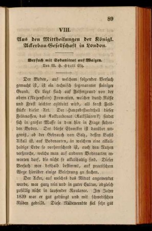 VIII. Aus den Mittheilungen der Königl. Ackerbau-Gesellschaft in London