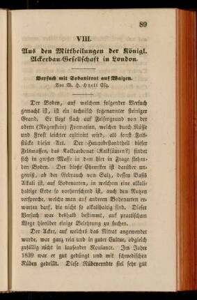 VIII. Aus den Mittheilungen der Königl. Ackerbau-Gesellschaft in London
